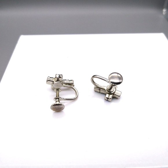 Vintage Dainty Crystal Cross Earrings with Blue AB Sparkle, Classic Tiny Screw - Picture 7 of 7